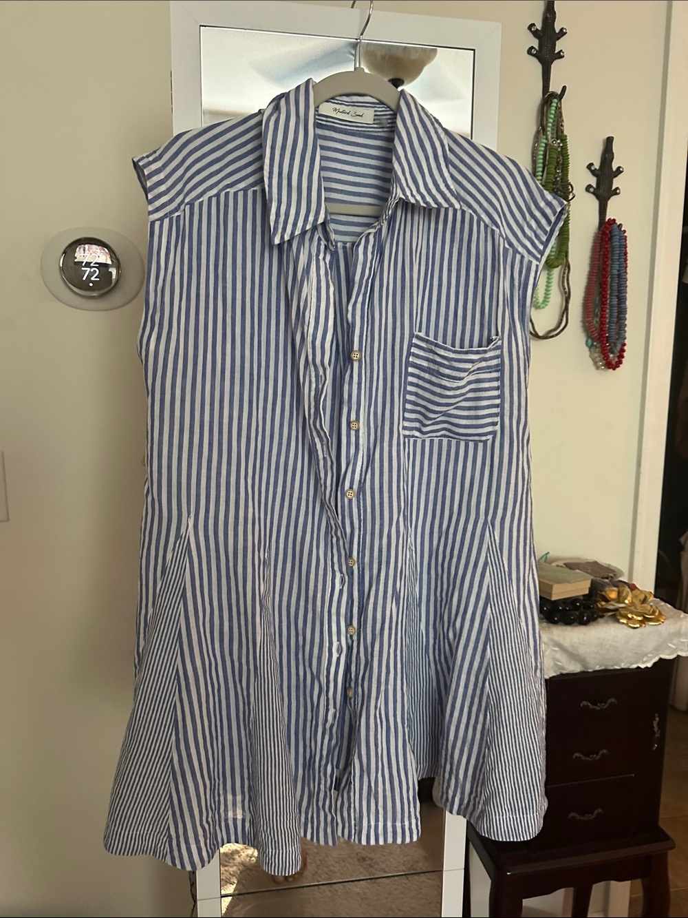 Mustard Seed Blue and White Striped Sleeveless Shirt Dress with pockets